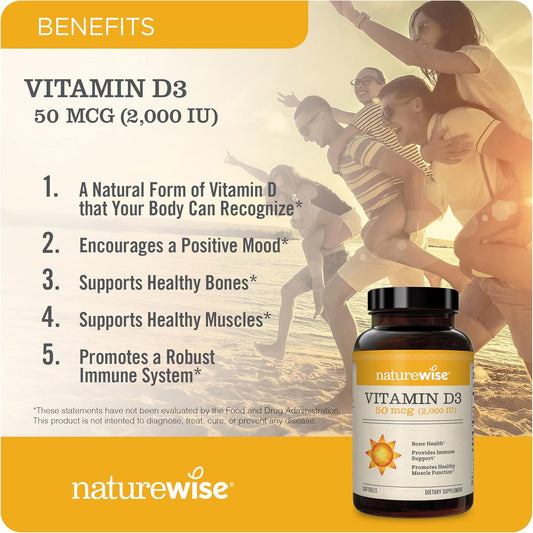 Naturewise Vitamin D3 2000Iu (50 Mcg) 200-Day Supply For Immune Support, Healthy Muscle Function, And Bone Health - Non-Gmo, Gluten Free In Organic Extra Virgin Olive Oil, (Mini Softgel), 200 Count