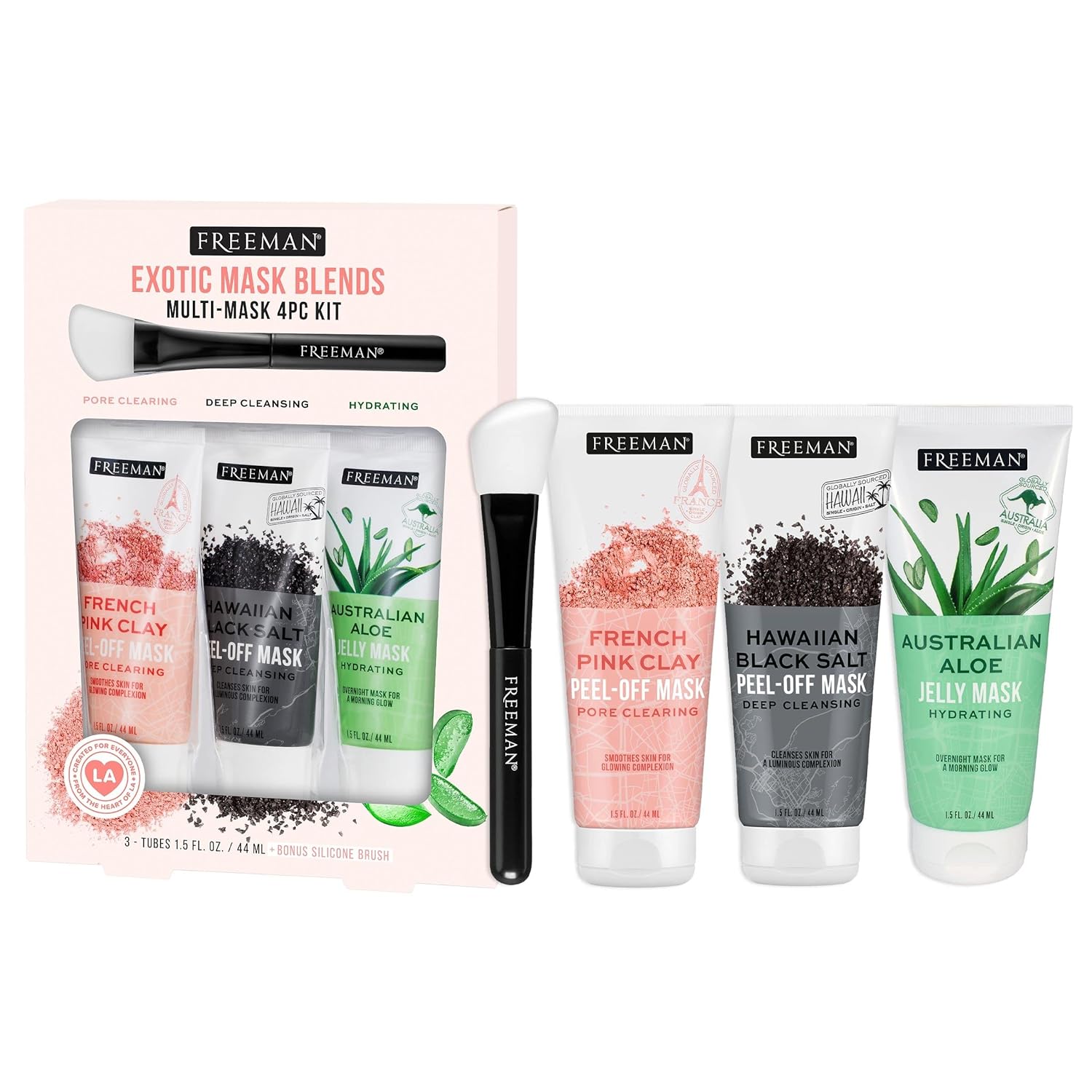 Freeman Exotic Blends Facial Mask 4 Piece Set, Peel-Off & Jelly Masks, Cleansing, Pore-Clearing & Hydrating Facial Masks, For All Skin Types, Includes Silicone Mask Brush, Vegan & Cruelty-Free