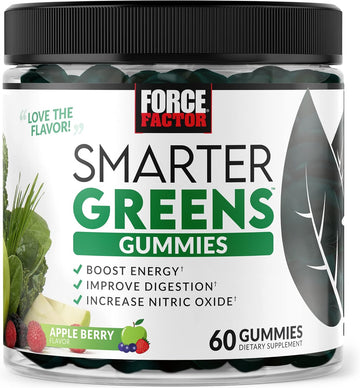 Force Factor Smarter Greens Gummies, Greens And Superfoods With Probiotics, Antioxidants, And Prebiotic Fiber, Greens Supplement To Improve Digestion, Boost Energy, And Nitric Oxide, 60 Gummies