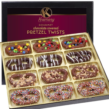 Kremery Creamy Chocolate Cravings - Chocolate Covered Pretzel Twists Basket (12 Count) Appreciation Birthday Sweet Treats - Assorted Candy Toppings - Kosher Dairy