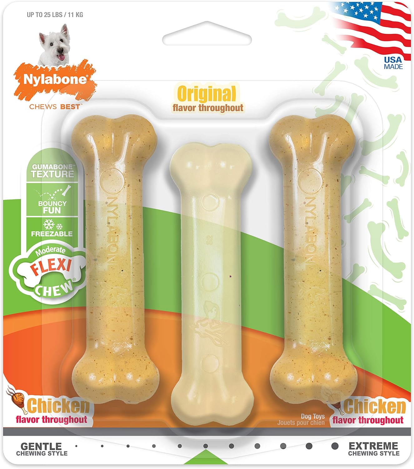 Nylabone Flexichew Moderate Dog Toys Triple Pack Chicken & Original Small/Regular (3 Count)