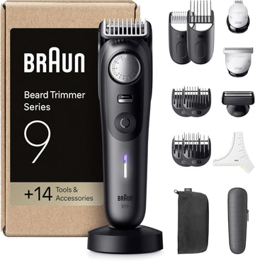 Braun Beard Trimmer Series 9, +14 Barbering Tools, Power Boost & Lifetime Sharp Problade, 180 Min, With Fade, 52 Lengths, Precisionwheel & Lock, Waterproof, Bt9565, Titanium
