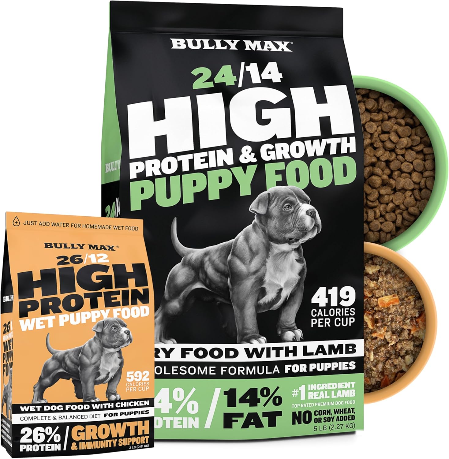 Bully Max Ultimate Puppy Growth & Nutrition Bundle - High Protein Natural Dry Dog Food 5 Lbs & Dehydrated Wet Dog Food 2 Lbs, Makes 5.5 Lbs - For Small & Large Breed Puppies - Lamb & Chicken Flavors