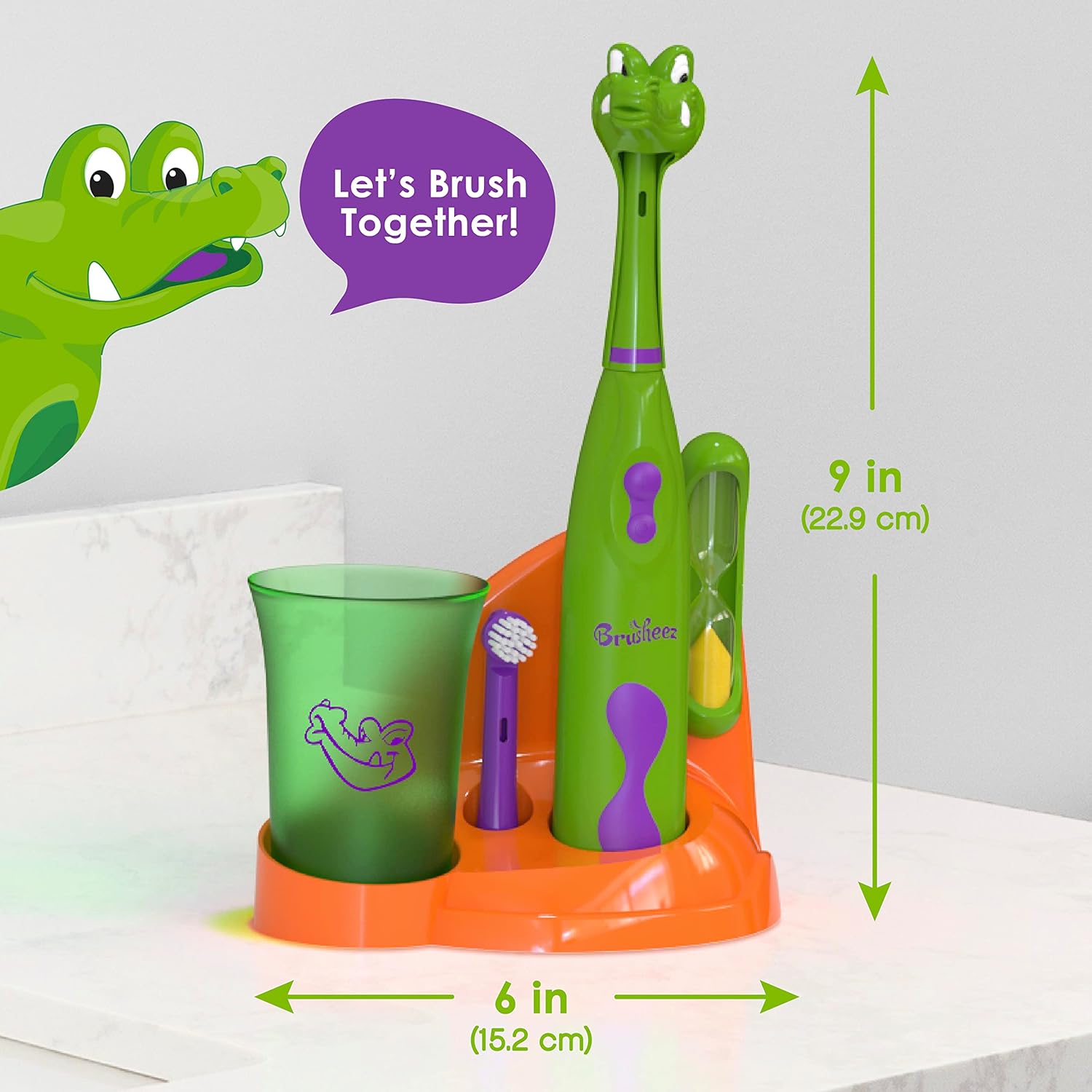 Brusheez® Kids’ Electric Toothbrush Set - Safe & Effective for Ages 3+ - Parent Tested & Approved with Gentle Bristles, 2 Brush Heads, Rinse Cup, 2-Minute Timer, & Storage Base (Snappy The Croc) : Health & Household