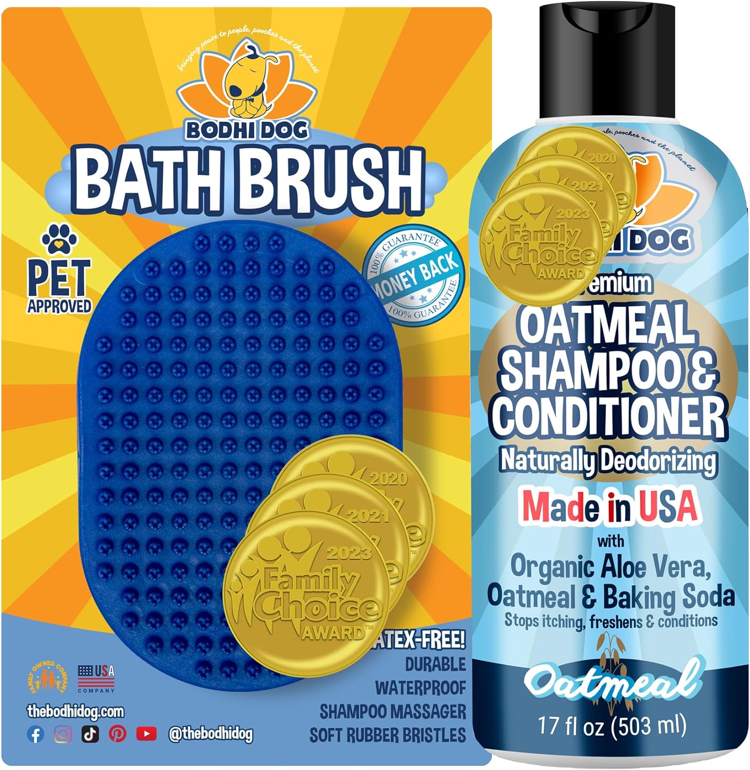 Bodhi Dog Grooming Bundle: Oatmeal Shampoo & Conditioner, Shower Brush For Long & Short Hair | Pet Bath Supplies For Cats & Dogs