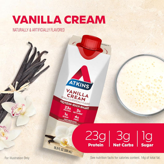 Atkins Vanilla Cream Meal Size Protein Shake, 23g Protein, Low Glycemic, 3g Carb, 1g Sugar, Keto Friendly
