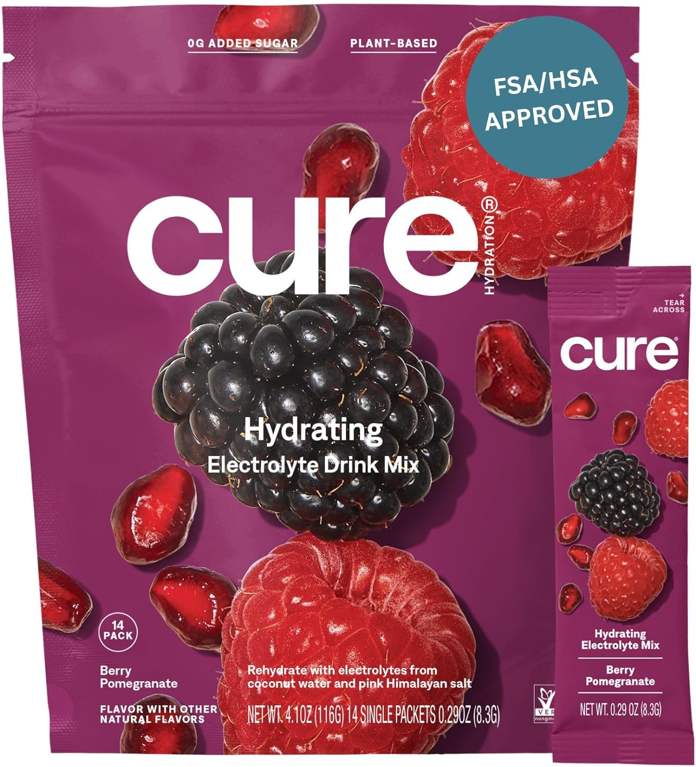 Cure Hydrating Plant Based Electrolyte Mix | FSA & HSA Eligible | Powder for Dehydration Relief | Made with Coconut Water | Non-GMO | No Added Sugar | Vegan | Pouch of 14 Packets - Berry Pomegranate