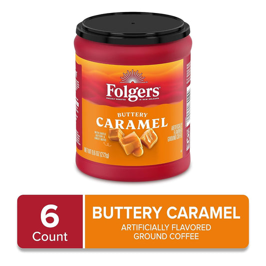 Folgers Buttery Caramel Flavored Ground Coffee, 9.6 Ounce Canister (Pack of 6)