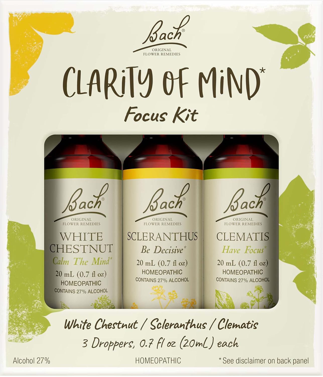 Bach Original Flower Remedies, Clarity Of Mind Kit, For Focus And Mindfulness, Natural Homeopathic Flower Essence, Holistic Wellness, Vegan, 3 X 20Ml Droppers