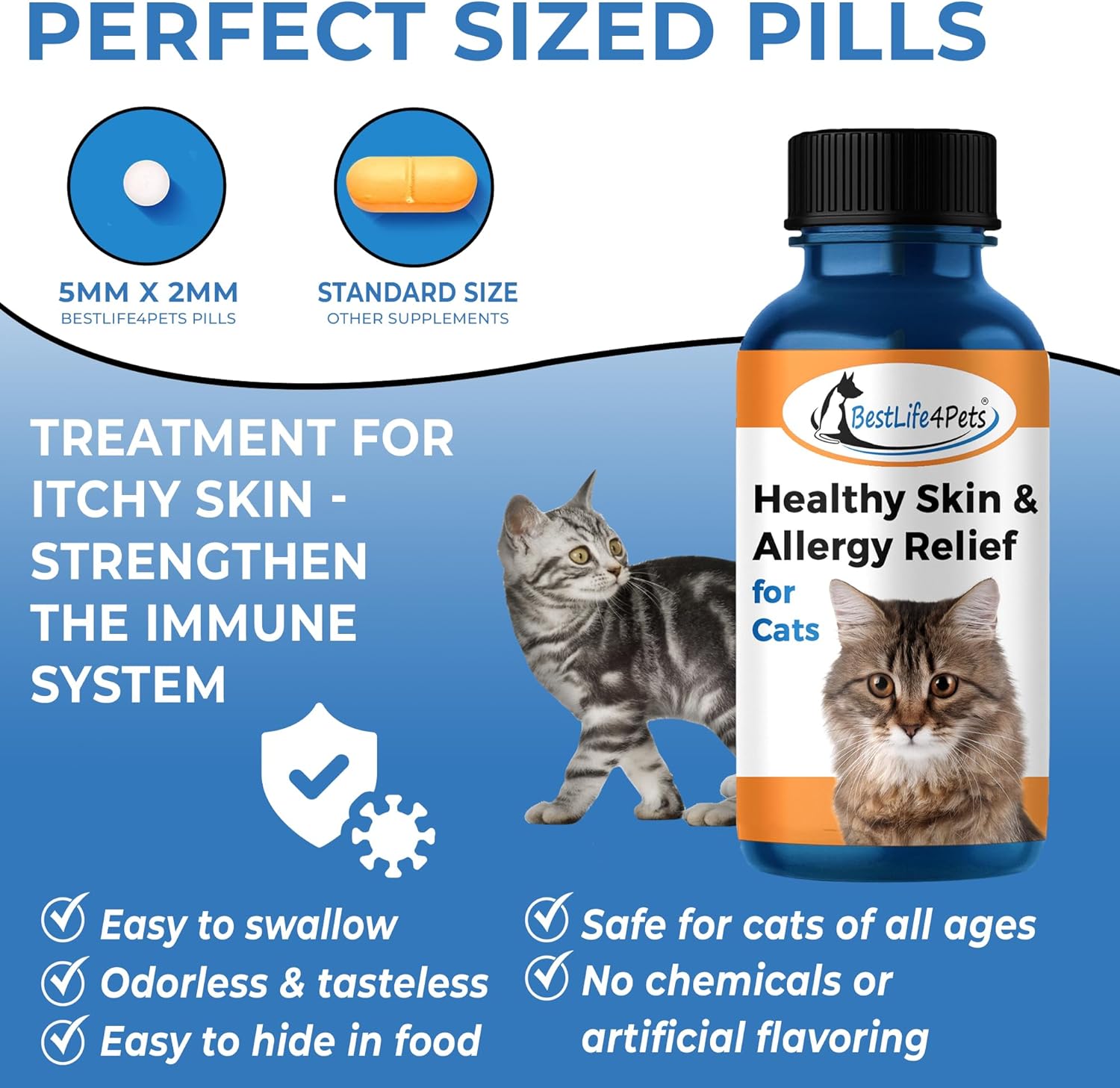 BestLife4Pets All-Natural Healthy Skin and Allergy Relief for Cats - Allergy Medicine for Cats; Cat Allergy Medication; Cat Itchy Skin Treatment - Strengthen Immune System - Easy to Use Pills