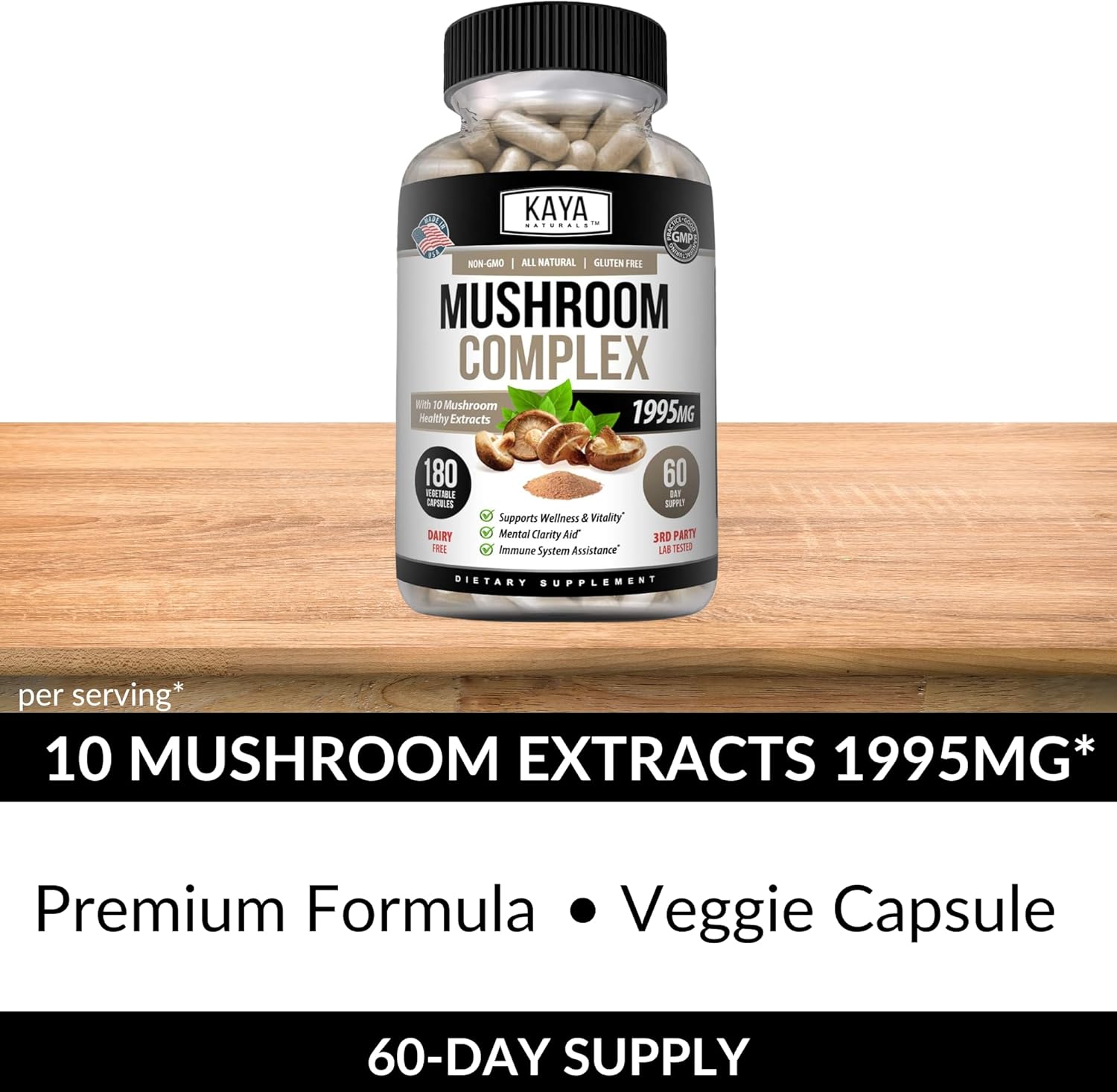 Kaya Naturals Premium Mushroom Complex Potent | Organic Mushroom Supplement| Mushroom Complex Capsules 1995mg Per Serving - Aids Mental Clarity Supports Immune System, Wellness & Vitality | 180 Count : Health & Household