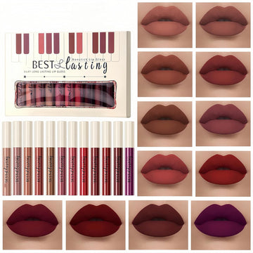 12Pcs Matte Liquid Lipstick Set Non-Stick Cup And Not Fade Pigmented Lipstick Long-Lasting Waterproof Velvet Lipgloss Kit Makeup For Girls And Women (Set 02)