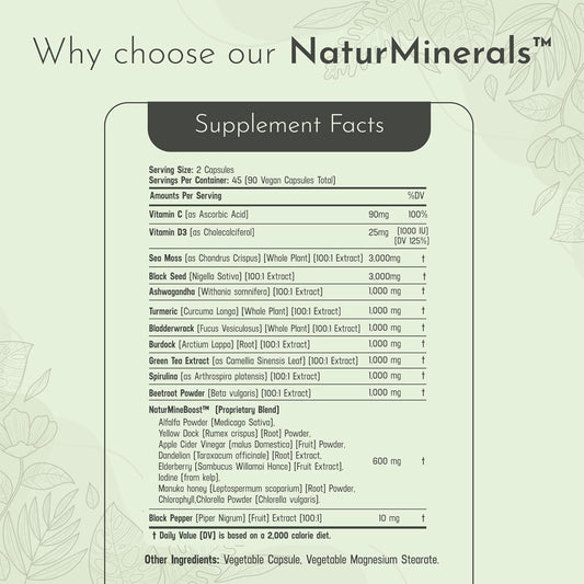 Black Seed Oil 3000Mg Sea Moss 3000Mg Ashwagandha 1000Mg Turmeric 1000Mg Burdock 1000Mg Bladderwrack 1000Mg & Elderberry Manuka Chlorophyll Dandelion Yellow Dock - (90 Capsules Pack Of 1)
