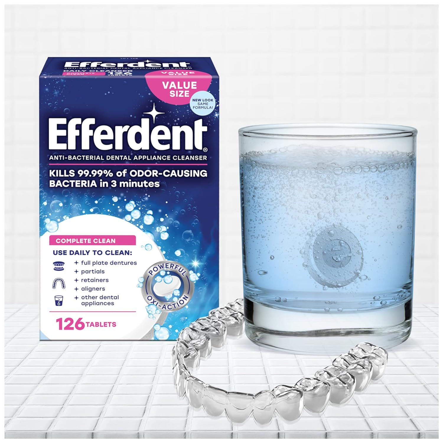 Efferdent Retainer Cleaning Tablets, Denture Cleanser Tablets for Dental Appliances, Complete Clean, 126 Tablets : Health & Household