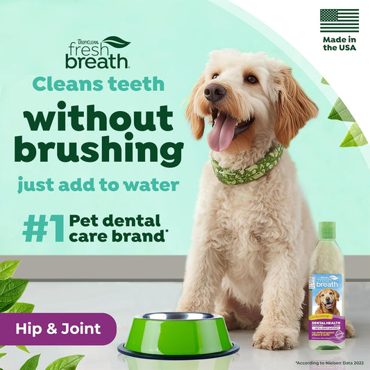TropiClean Fresh Breath Dog Teeth Cleaning – Dog Dental Care for Bad Breath - Breath Freshener - Water Additive Mouthwash – Helps Remove Plaque Off Dogs Teeth, Hip & Joint Support, 473ml?FBHJWA16Z