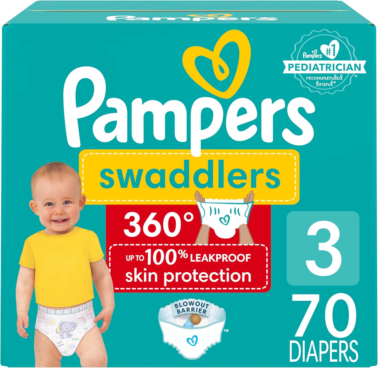 Pampers Swaddlers 360 Pull-On Diapers, Size 3, 70 Count For Up To 100% Leakproof Skin Protection And Easy Changes