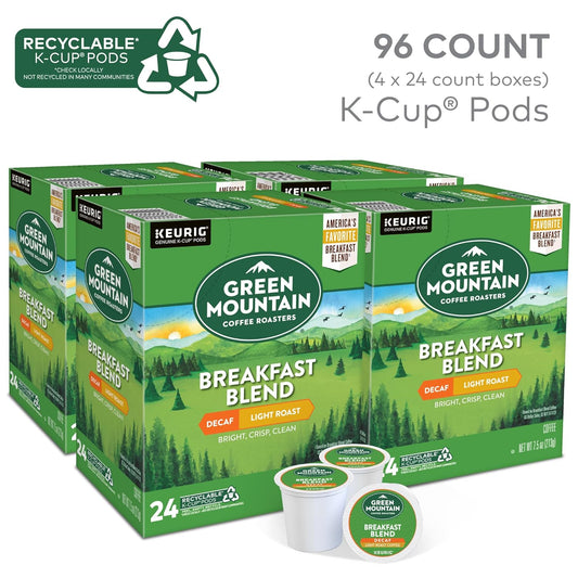 Green Mountain Coffee Roasters Breakfast Blend Decaf Coffee, Keurig Single Serve K-Cup pods, Light Roast, 96 Count (4 packs of 24)