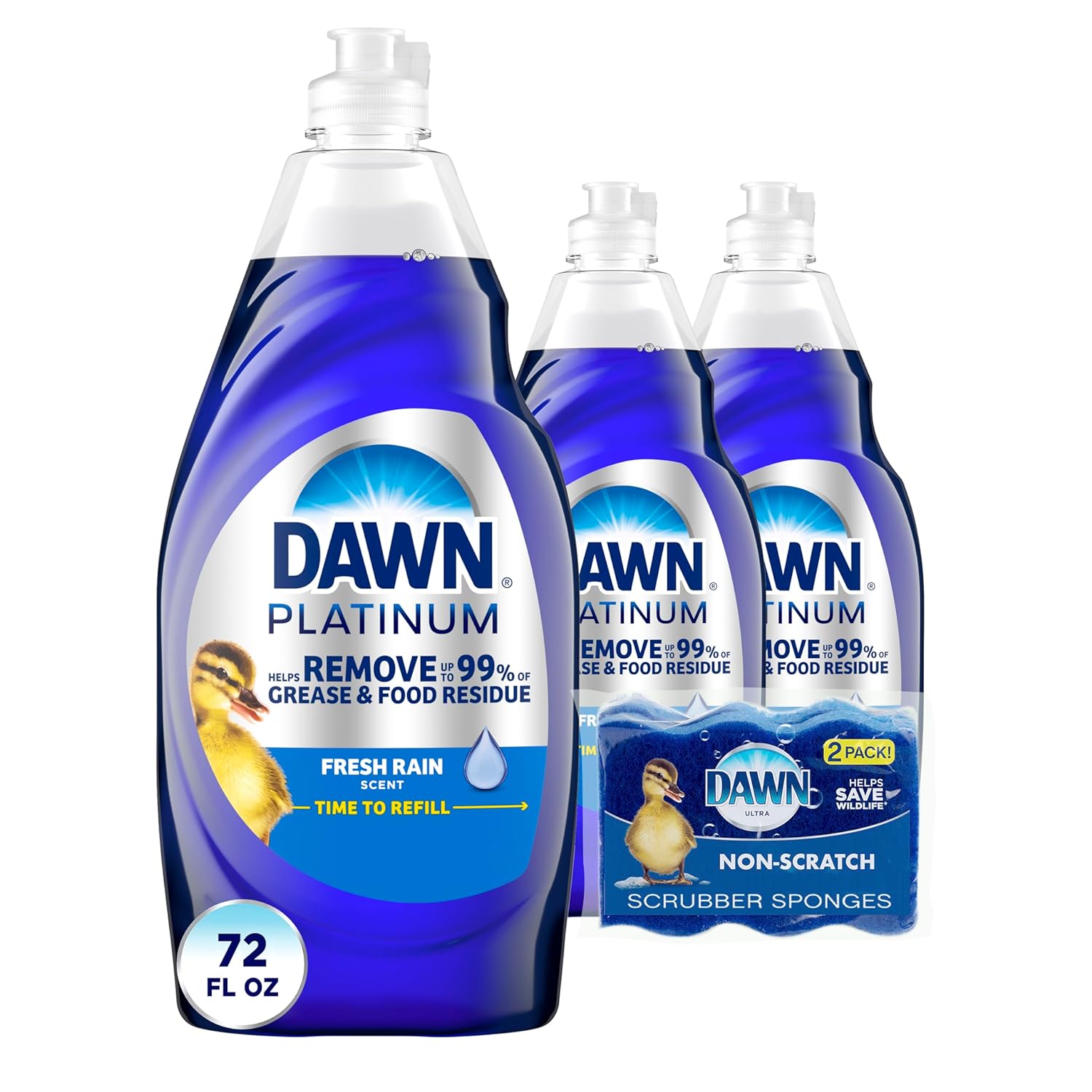 Dawn Dish Soap Platinum Dishwashing Liquid + Non-Scratch Sponges for Dishes, Refreshing Rain Scent, Includes 3x24oz + 2 Sponges (Packaging May Vary)