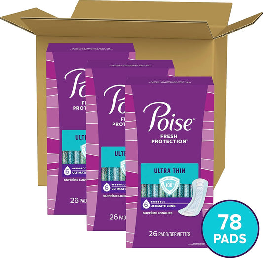 Poise Ultra Thin Incontinence Pads & Postpartum Incontinence Pads, 6 Drop Ultimate Absorbency, Long Length, 78 Count (3 Packs of 26), Packaging May Vary