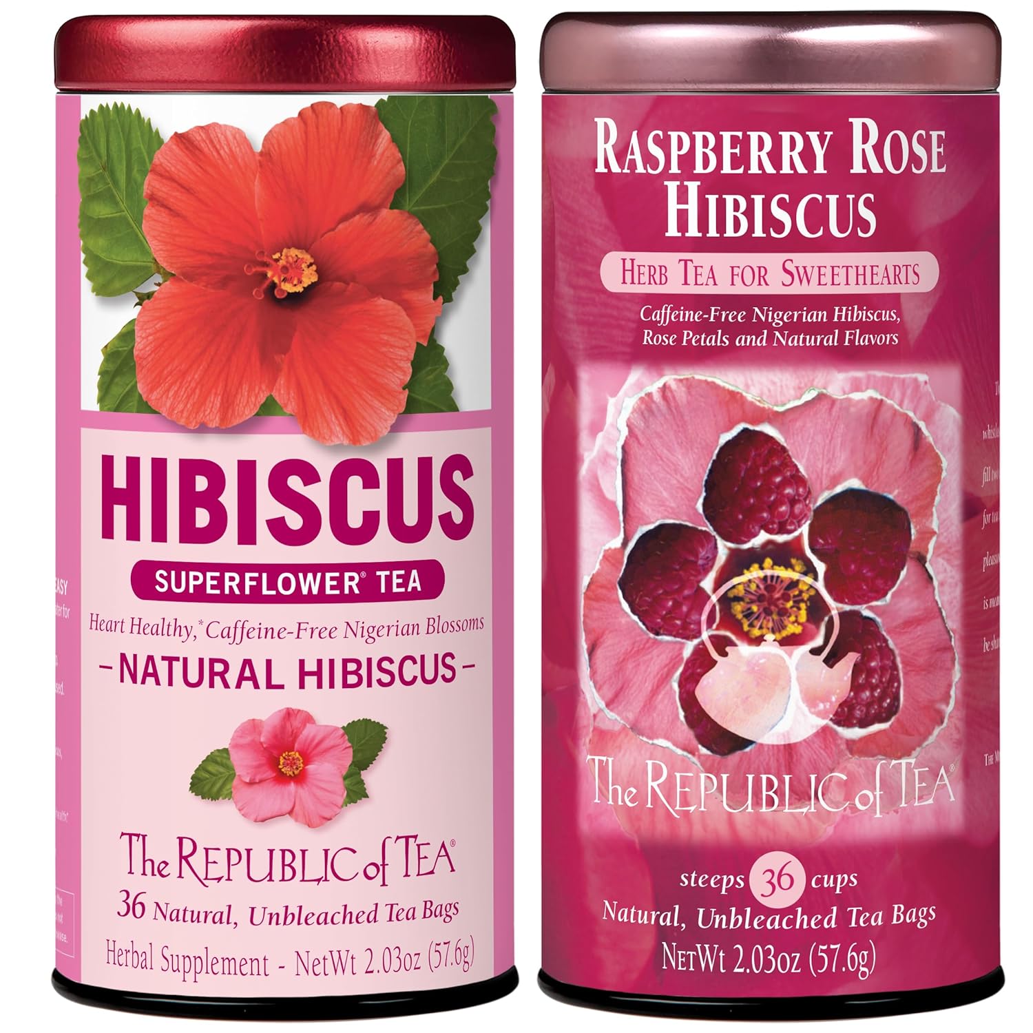 The Republic Of Tea – Citizens’ Favorite Hibiscus Herbal Teas - Natural Hibiscus And Raspberry Rose Hibiscus Tea Bundle – 36 Count Tea Bags Each