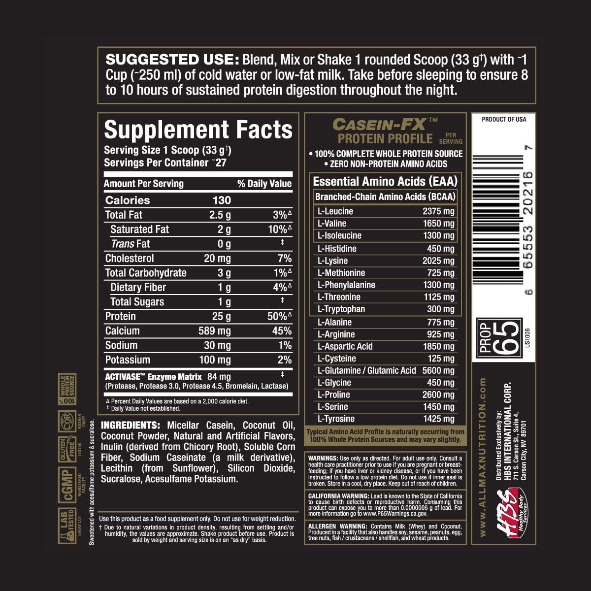 ALLMAX Casein-FX Protein, Vanilla - 2 lb - 25 Grams of Slow-Release Protein Per Scoop - Low Carb & Zero Added Sugar - Approx. 27 Servings : Health & Household