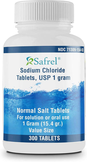 Safrel Sodium Chloride Tablets 1 Gm, Usp | Normal Salt Tablets | (15.4Gr.) | Electrolytes Replenisher Hydration Drink (300 Count (Pack Of 1))