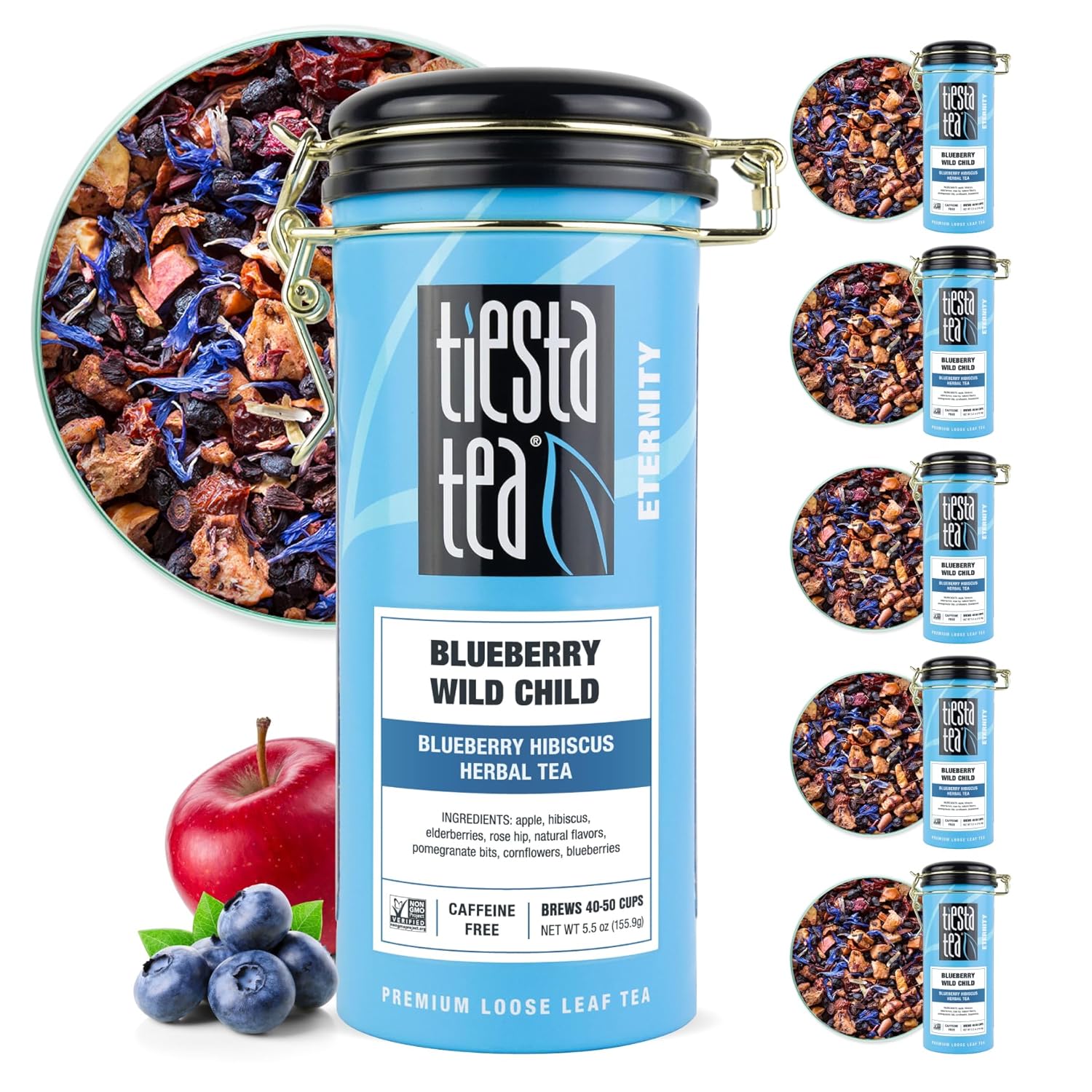 Tiesta Tea - Blueberry Wild Child | Blueberry Hibiscus Herbal Tea | Premium Loose Leaf Tea Blend | Non-Caffeinated Tea | Make Hot Or Iced Tea & Brews Up To 50 Cups - 33 Ounce Refillable Tin, Pack Of 6