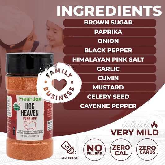 FreshJax Organic Hog Heaven Pork Rub (5.1 oz Bottle) Non GMO, Gluten Free, Keto, Paleo, No Preservatives BBQ Pork Seasoning Mix | Handcrafted in Jacksonville