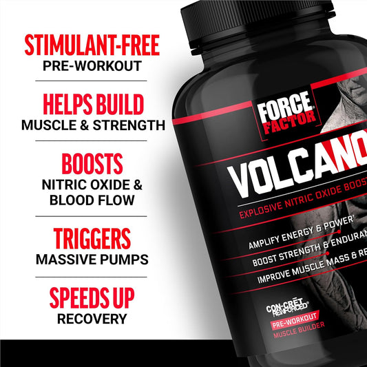 Force Factor Volcano Pre Workout Nitric Oxide Booster Supplement For Men With Creatine And L-Citrulline To Boost And Energy, Help Build Muscle, Better Pump And Workout, 120 Capsules