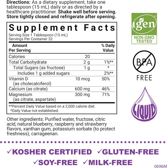 Bluebonnet Nutrition Liquid Calcium Citrate, Magnesium, Vitamin D3, Bone Health, Gluten Free, Soy Free, Milk Free, Kosher, 16 Fl Oz, 32 Servings, Mixed Berry Flavor