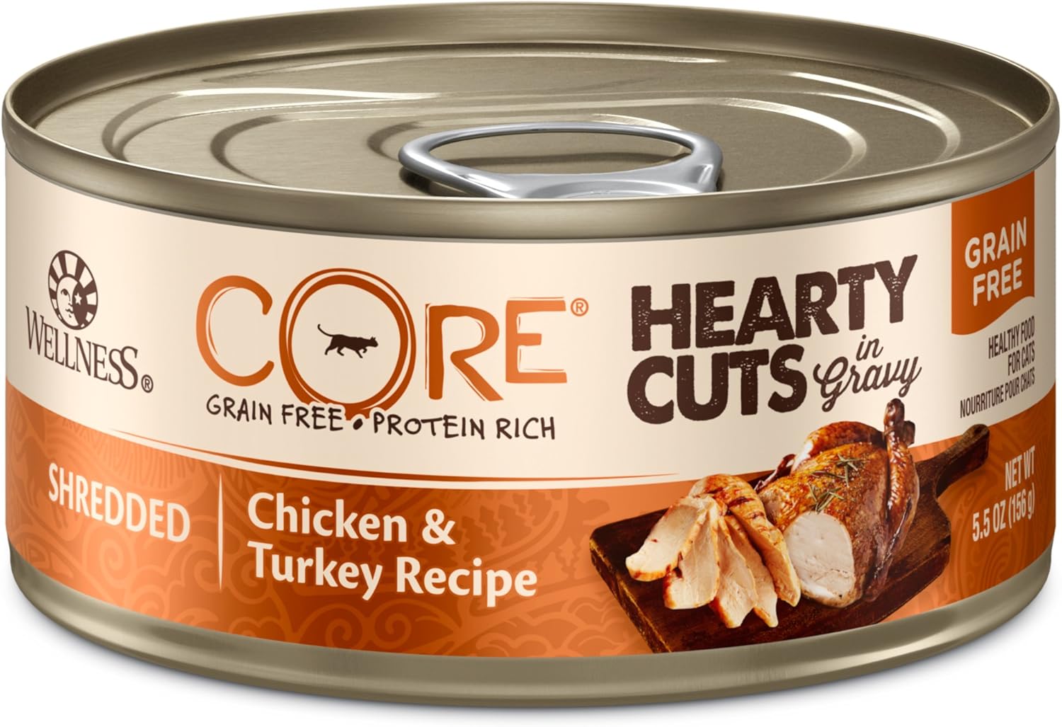 Wellness Core Hearty Cuts Natural Grain Free Wet Canned Cat Food, Chicken & Turkey, 5.5-Ounce Can (Pack Of 24)