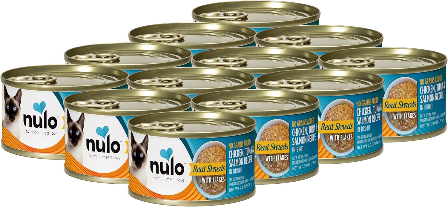 Nulo Grain-Free Real Shreds With Flakes Wet Canned Cat & Kitten Food, Chicken, Tuna, And Salmon In Broth, 2.8 Ounce, 12 Cans