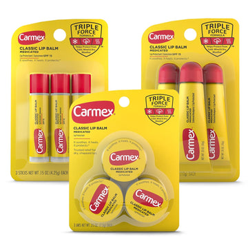 Carmex Medicated Lip Balm Variety Pack, Lip Moisturizer For Dry, Chapped Lips, Carmex Classic Sticks 0.15 Oz, 3 Count, Carmex Classic Tubes 0.35 Oz, 3 Count, Carmex Classic Jars 0.25 Oz, 3 Count