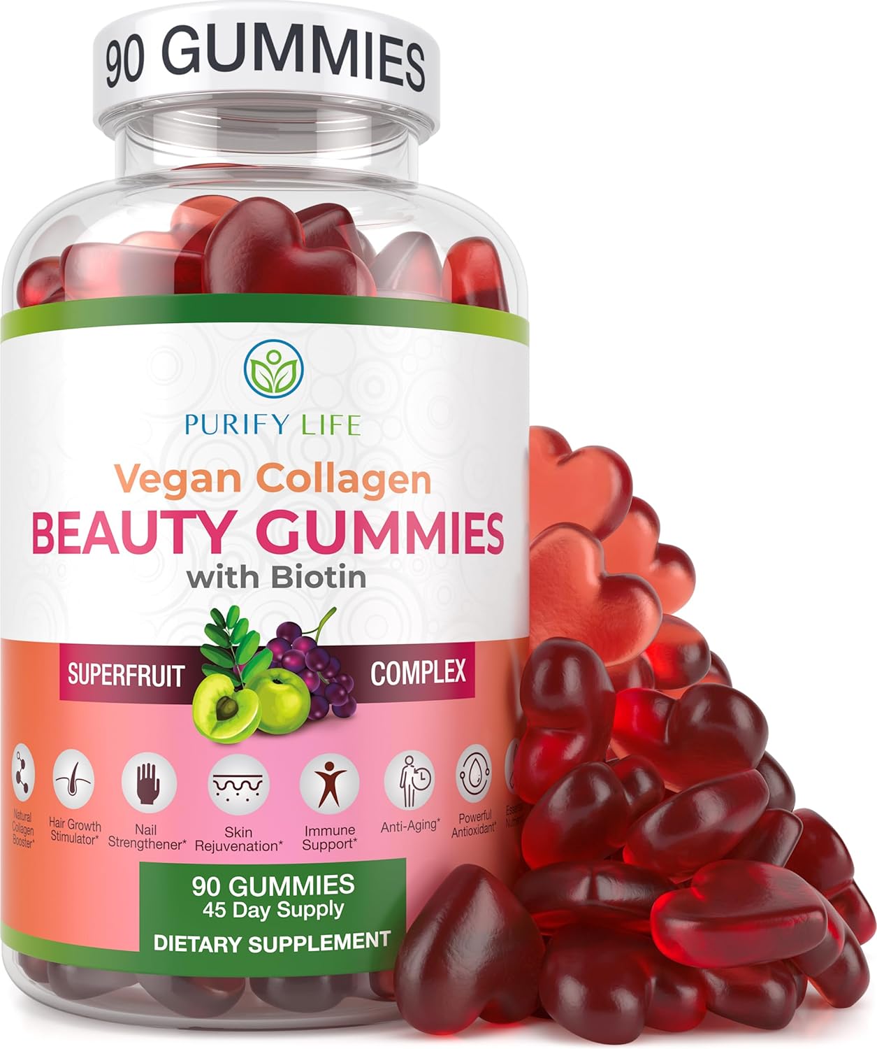 Purify Life Vegan Collagen Gummies With Biotin Vitamins For Hair Skin And Nails Health, (90 Chews) Collagen Support Superfruit Complex With Resveratrol, Vitamin A, E, C - Replace Capsules, Pills