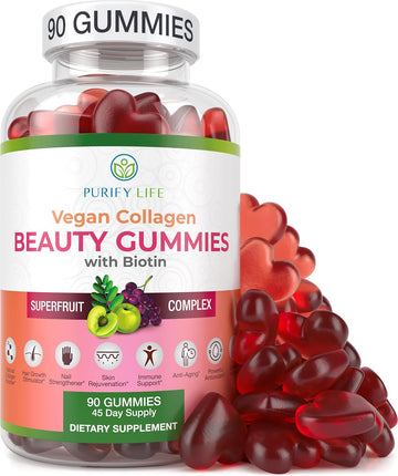 Purify Life Vegan Collagen Gummies With Biotin Vitamins For Hair Skin And Nails Health, (90 Chews) Collagen Support Superfruit Complex With Resveratrol, Vitamin A, E, C - Replace Capsules, Pills