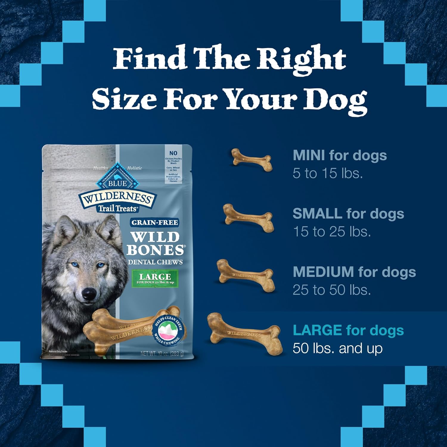 Blue Buffalo Wilderness Trail Treats Wild Bones Large Dental Chews, Grain-Free Dog Bones For Large Dogs Made with Natural Ingredients, 10-oz. Bag : Pet Supplies