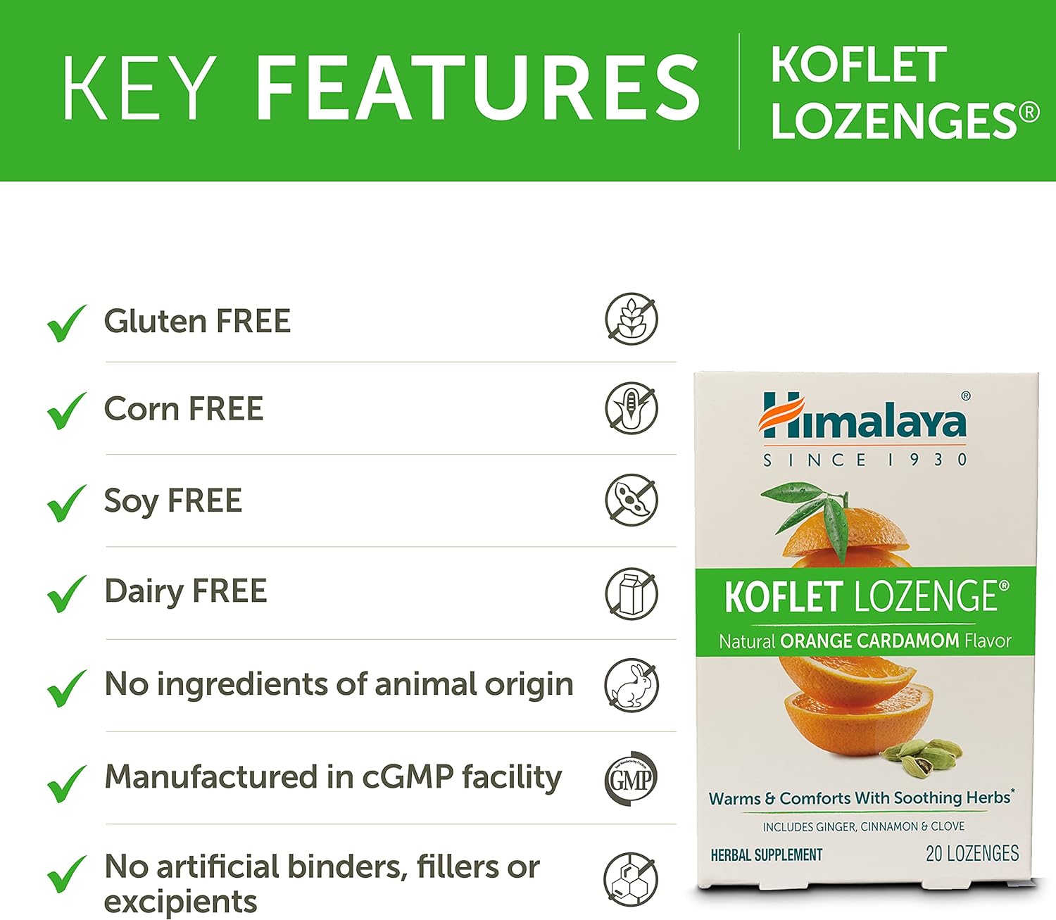 Himalaya Koflet Lozenges, Orange Cardamom Flavor, Natural Herbal Cough Drop for Warming Relief and Soothing Throat Comfort, 130 mg, 20 Lozenges : Health & Household