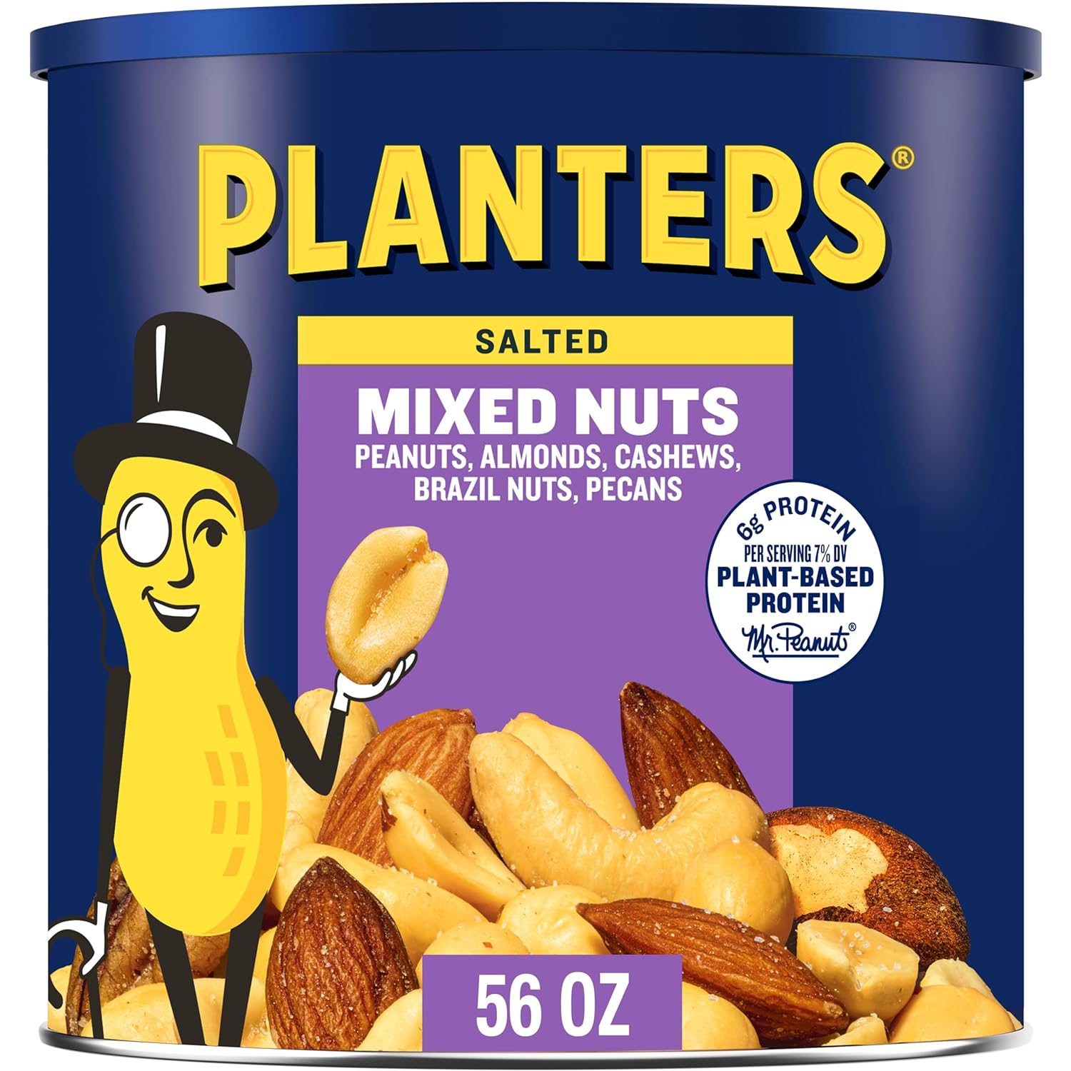 Planters Salted Mixed Nuts, Peanuts, Almonds, Cashews, Brazil Nuts And Pecans, Party Snack, Plant-Based Protein, Quick Snack For Adults, After School Snack, Bulk Nuts, Kosher, 56Oz Canister