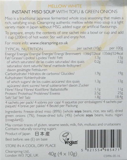 Clearspring Mellow White Miso Instant Soup With Tofu 40 G (Pack Of 4)