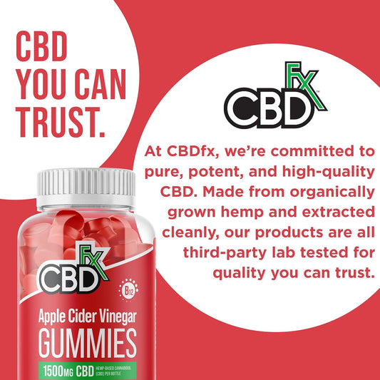 CBDfx 1500mg CBD High Strength Apple Cider Vinegar Vegan Gummies, 1000mg ACV / 25mg CBD per Gummy + Vitamin B12, 60x Bottle (30 Days)
