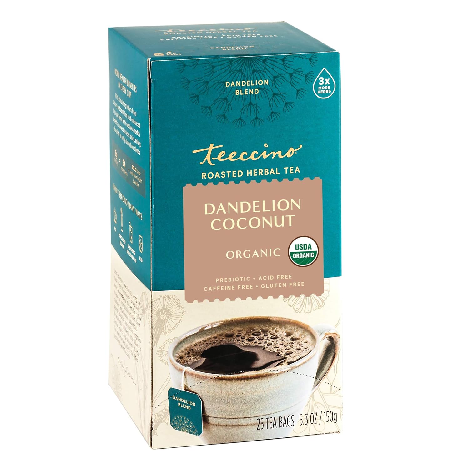 Teeccino Dandelion Coconut Tea - Caffeine Free, Roasted Herbal Tea With Prebiotics, 3X More Herbs Than Regular Tea Bags, Gluten Free - 25 Tea Bags