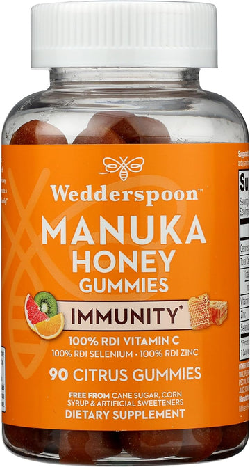 Wedderspoon Manuka Honey Immunity Gummies, Tangy Citrus, 90 Count | Chewable| Vitamin C & Zinc Support