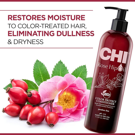 Chi Rosehip Oil, Colour Protecting Conditioner For Coloured Hair | Moisturizing Longer Lasting Haircolor Protector | Shiny Hair | Sulfate Free | 92% Natural Ingredients, Paraben Free, 340 Ml