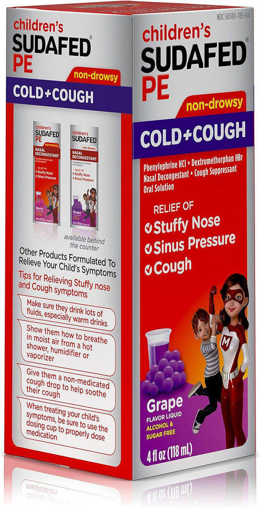 CHILDREN'S SUDAFED PE Nasal Decongestant, Cough Suppressant COLD + COUGH Non-Drowsy, Grape Flavor 4 fl oz