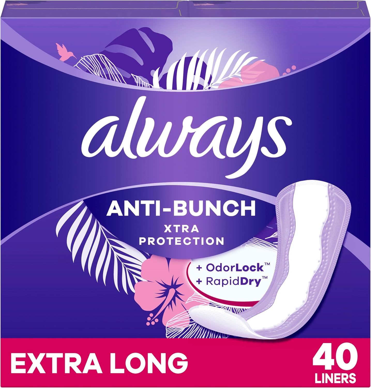 Always Anti-Bunch Xtra Protection Daily Liners Extra Long Unscented, Anti Bunch Helps You Feel Comfortable, 40 Count