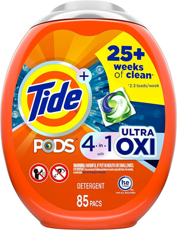 Tide Pods Liquid Laundry Detergent Soap Pacs, 4-N-1 Ultra Oxi, He Compatible 85 Count, Built In Pre-Treater For Stains