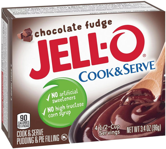 Jell-O Chocolate Fudge Cook & Serve Pudding Mix, 3.4 oz Box (Pack of 4) with By The Cup Mood Spoons