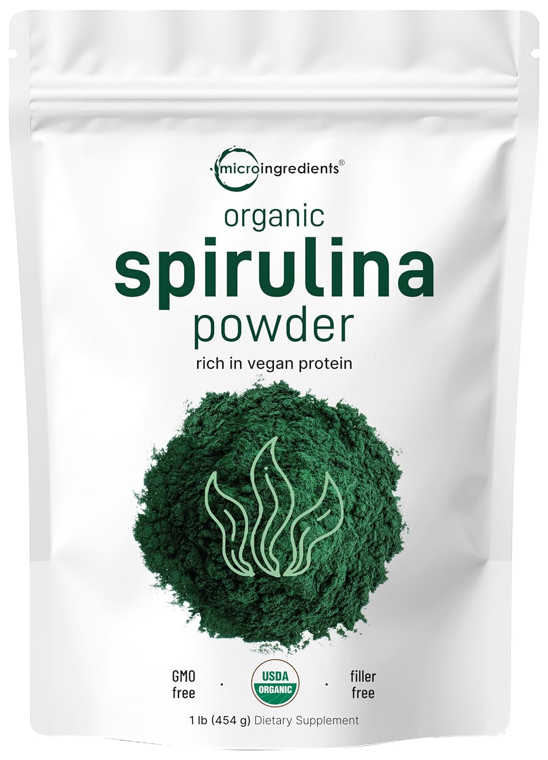 Micro Ingredients Organic Spirulina Powder, 16 Ounce, Raw Spirulina (Arthrospira Platensis), The Richest Sources Of 70% Vegan Protein, Containers Minerals, Vitamins, Non-Gmo & Non-Irradiation
