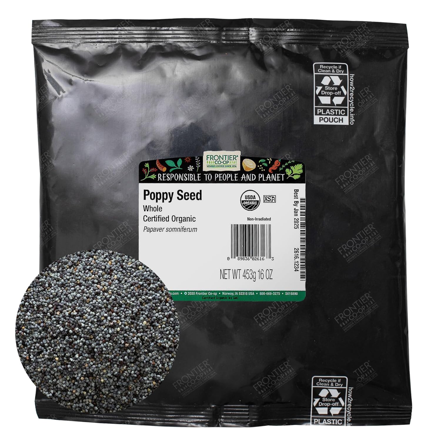 Frontier Co-Op Organic Whole Poppy Seed 1Lb - Bulk Bag Of Poppy Seeds For Baking, Salad Dressing, Cooking, Kosher Recipes And More