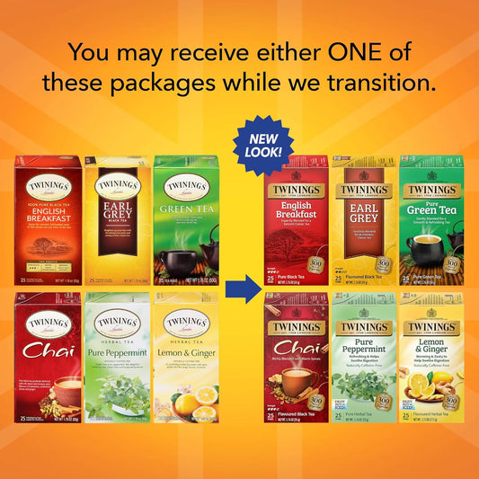 Twinings Variety Pack Tea Bags, Includes English Breakfast, Earl Grey, Lemon Ginger, Peppermint, Green, And Chai, 25 Count (Pack Of 6), Enjoy Hot Or Iced | Packaging May Vary